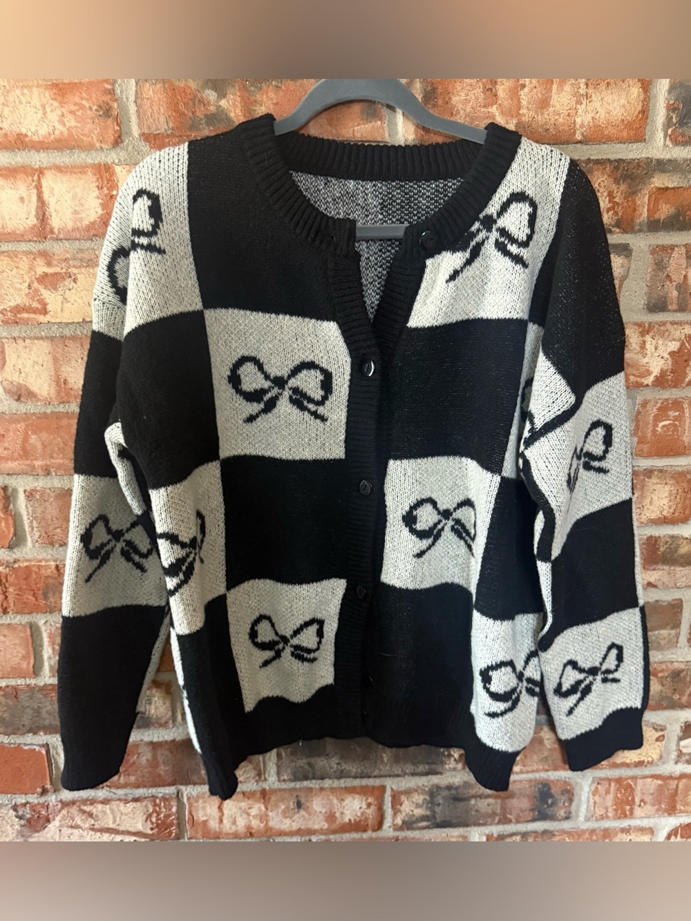 Amazon Black and White Bow-Print Cardigan Sweater - Picture 3 of 6